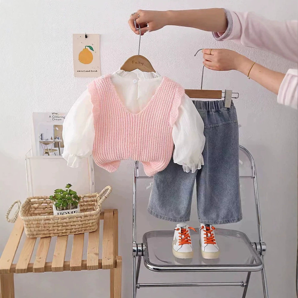 Korean style knitted vest and white shirt girl's outfit  - sweet & stylish bowknot floral set