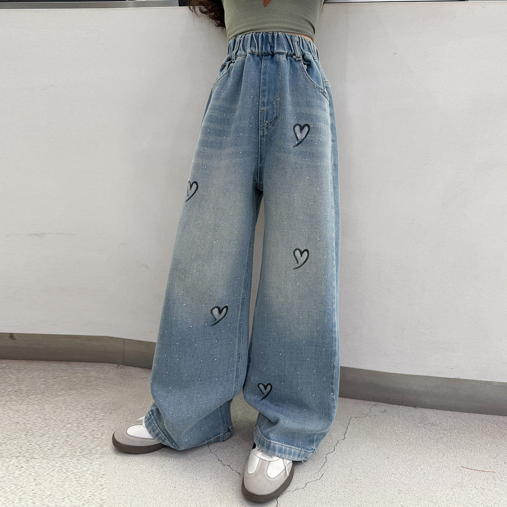 Girls' heart-shaped rhinestone embellished denim jeans,  spring collection, big & tall kids' loose fit straight leg high-waisted long pants, children's jeans