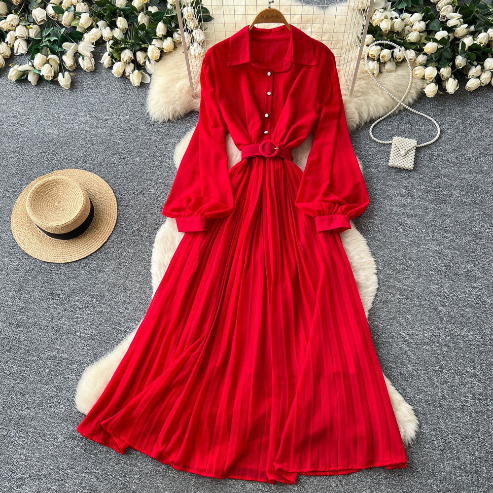 Light mature style lapel lantern sleeve red a-line dress women's springelegance waist slimming lookpleated long skirt