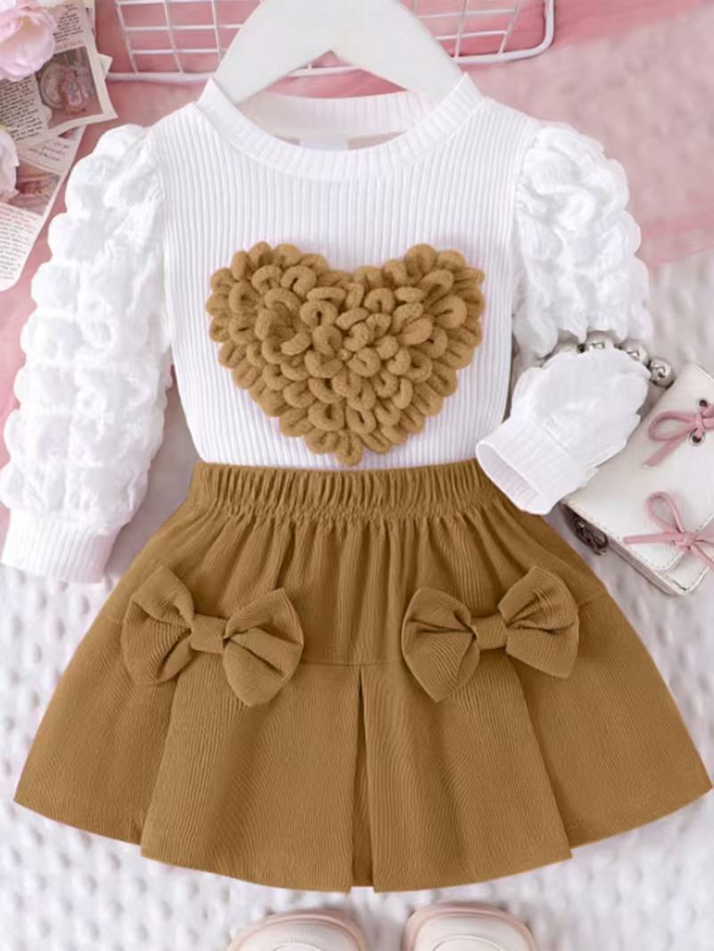 Children's clothing new arrival puff sleeve heart chapter tops+rose red bows skirt set