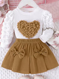 Children's clothing new arrival puff sleeve heart chapter tops+rose red bows skirt set