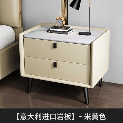 Modern minimalist bedroom nightstand - microfiber leather, sintered stone top, solid wood frame, new design with drawer storage, smart enabled