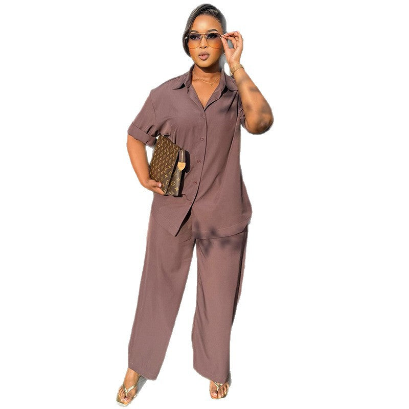 European and american women's clothing  autumn new collection: sweet and fresh turn-down collar long sleeve shirt and high-waisted straight-leg pants two-piece set