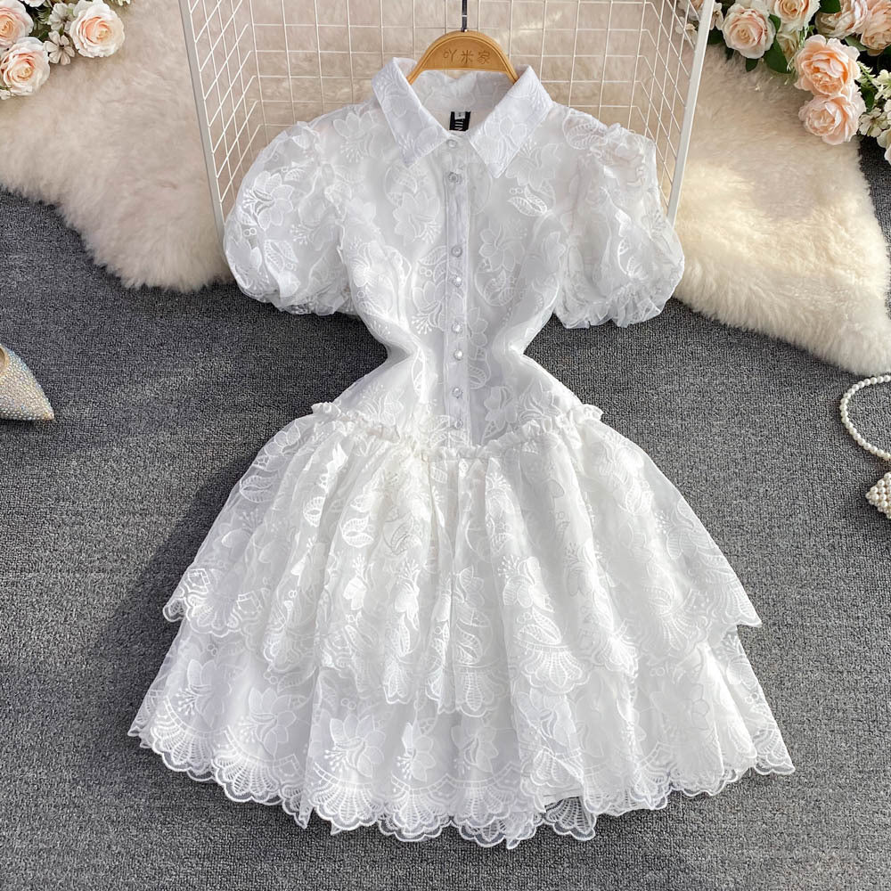 summer retro elegant notch lapel single-breasted white lace embroidered a-line tiered dress