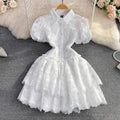 summer retro elegant notch lapel single-breasted white lace embroidered a-line tiered dress