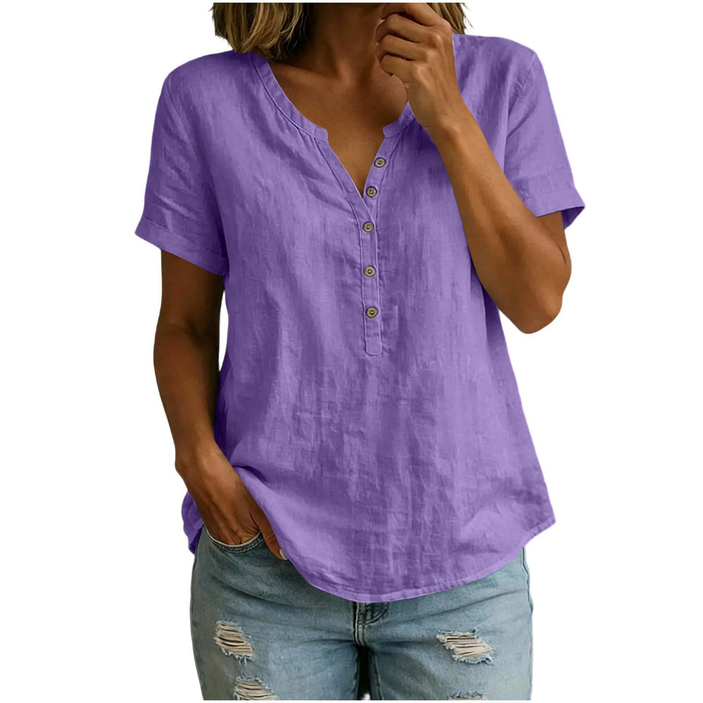 cross-border fashion  women's casual solid color cotton linen short-sleeve half-open v-neck button-down top
