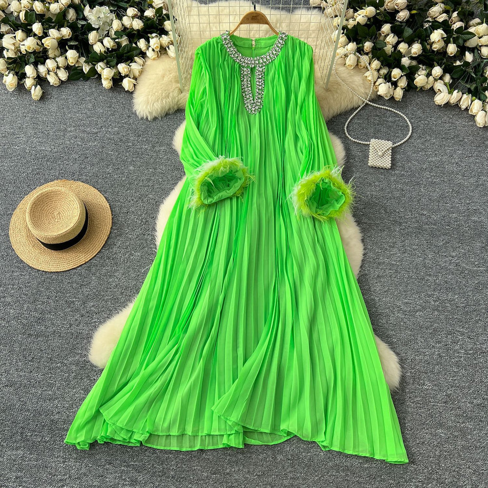 European and american cross-border  autumn new arrival: elegant solid color dress - round neck, rhinestone embellished, loose fit, faux fur trim, pleated maxi dress