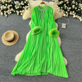 European and american cross-border  autumn new arrival: elegant solid color dress - round neck, rhinestone embellished, loose fit, faux fur trim, pleated maxi dress