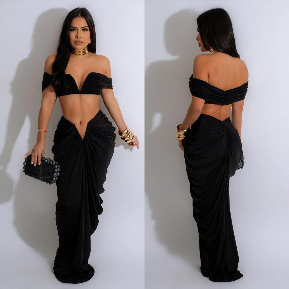 C6822 cross-border   fashion women's solid color sexy bandeau pleated skirt two-piece set