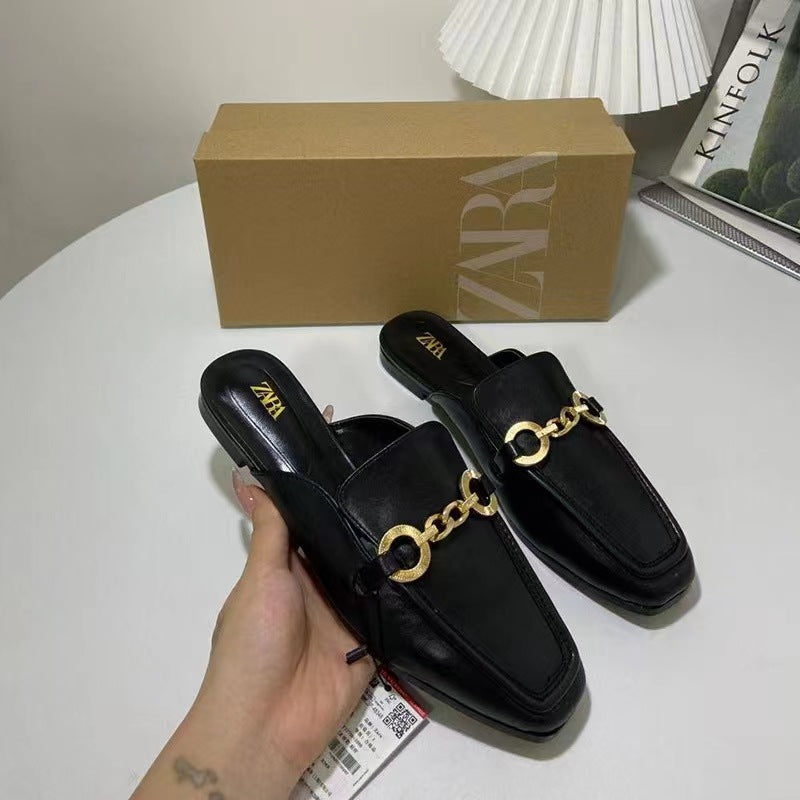 Za2024new arrivalsummerflats sandals women's metal chain shallow mouth square toe fashion baotou back hollow sandals women