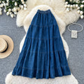 K-stylecasual style denim pleated a-line skirt women's slimming look elastic waist cake skirt easiest for matchwork clothing long skirt