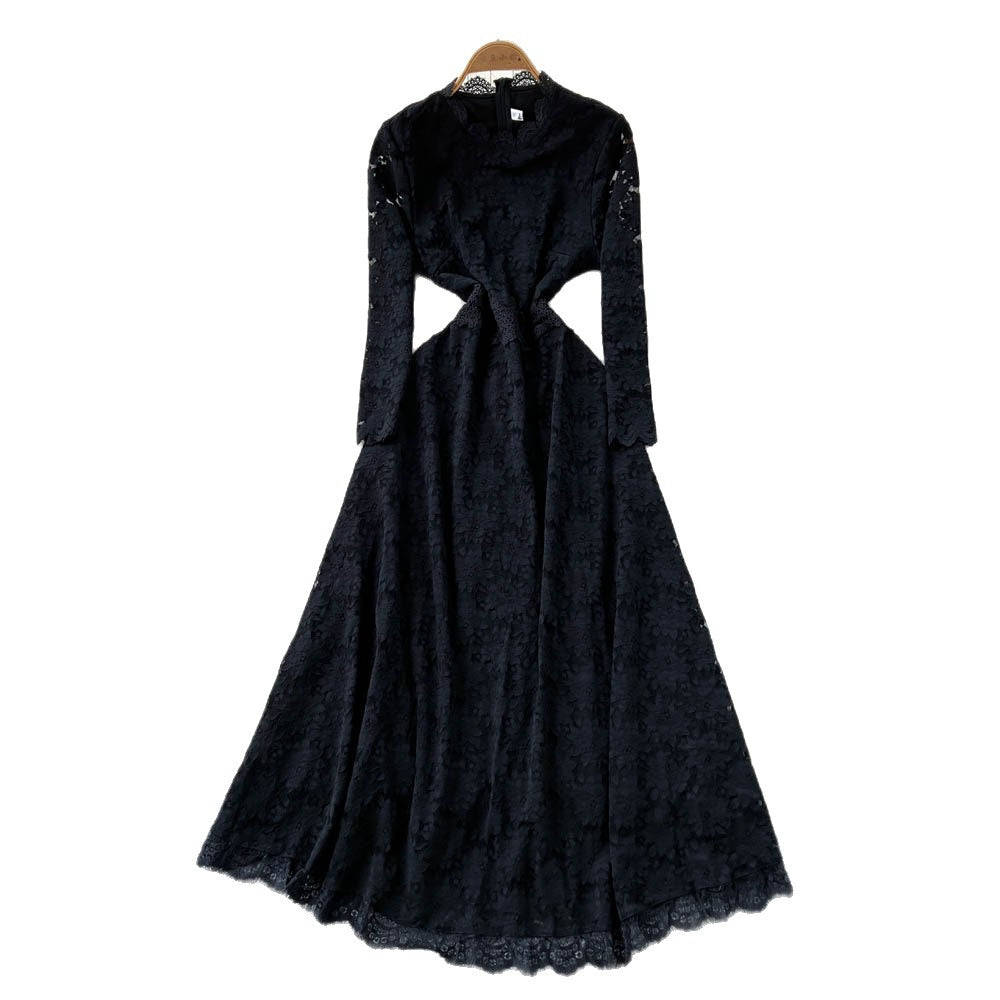 French chic, understated elegance: women's autumn  dress - high-end, slim-fit, figure-flattering, lace maxi dress