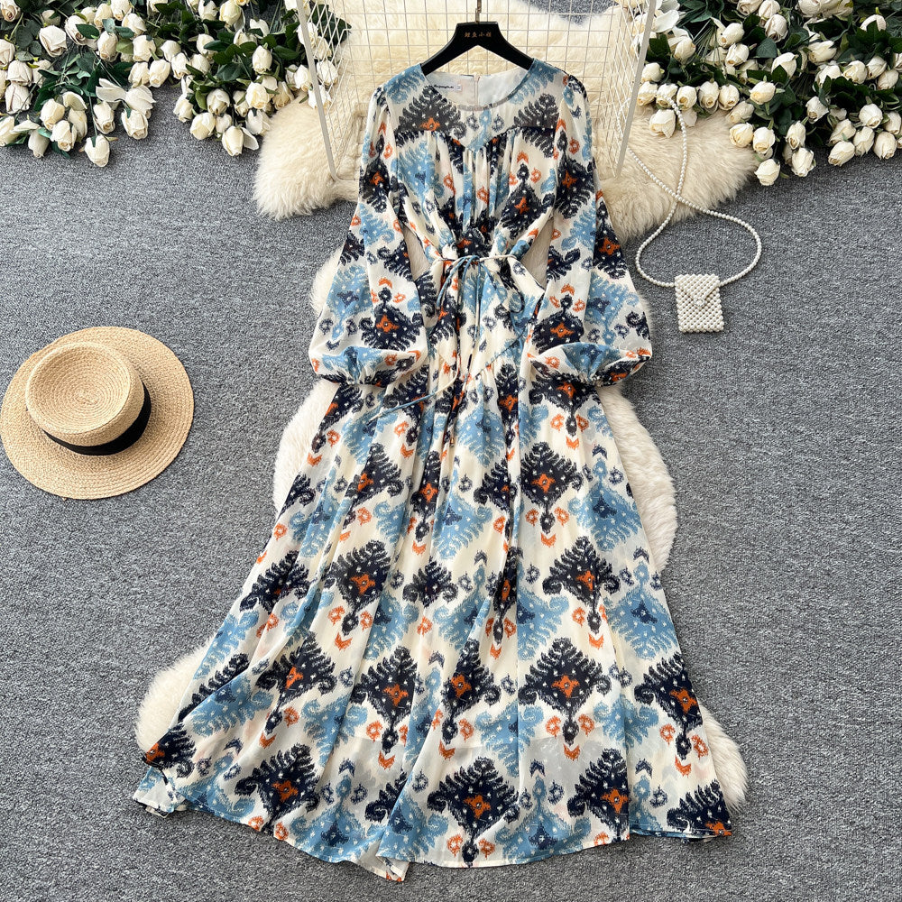 French romantic style printed dress - women's spring/autumn slimming a-line pleated flowy maxi dress - commute chic