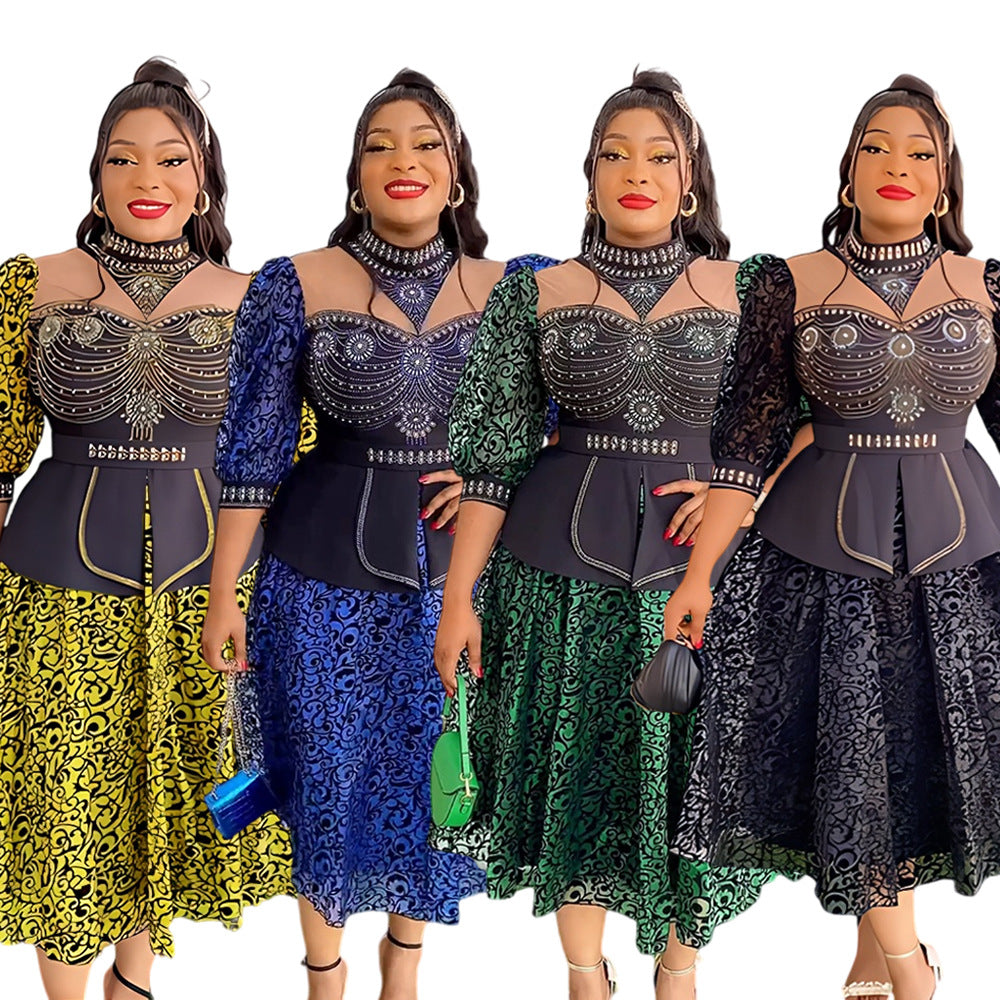Fashion cross-border export women's clothing plus size african  hot diamond bubble beads waist slimming looklacepatchworkdress