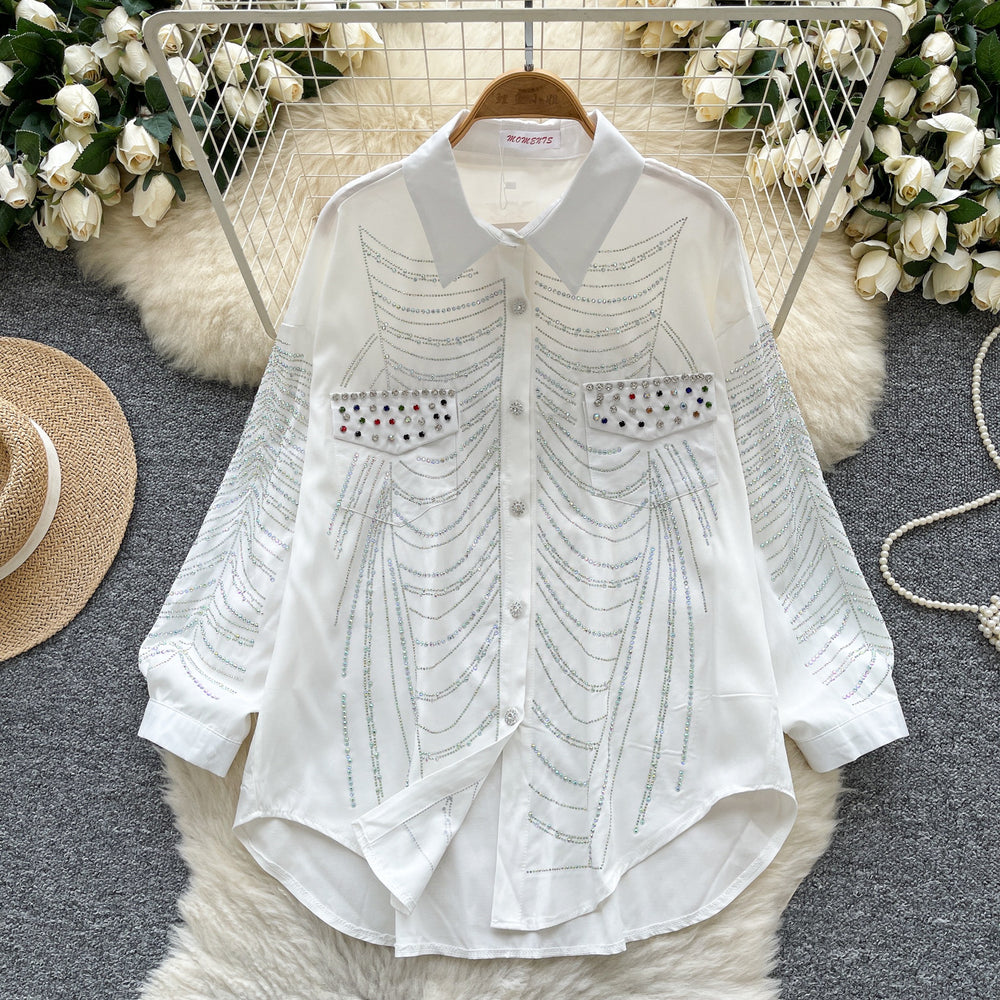 European fashion diamond-embellished long-sleeve shirt for women,  new arrival, relaxed fit, casual loose single-breasted top