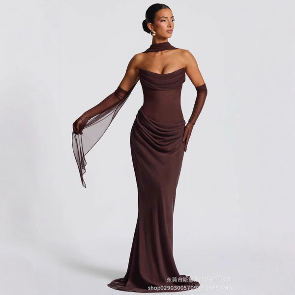 SDM195 temperament mesh stitching tube top long dress three-piece party dress  supply wholesale new
