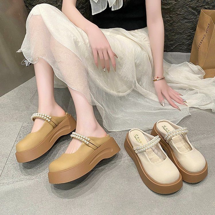 2025 spring/summer new french-style closed-toe mules - women's pearl-embellished platform mary jane slides, perfect for outdoor wear