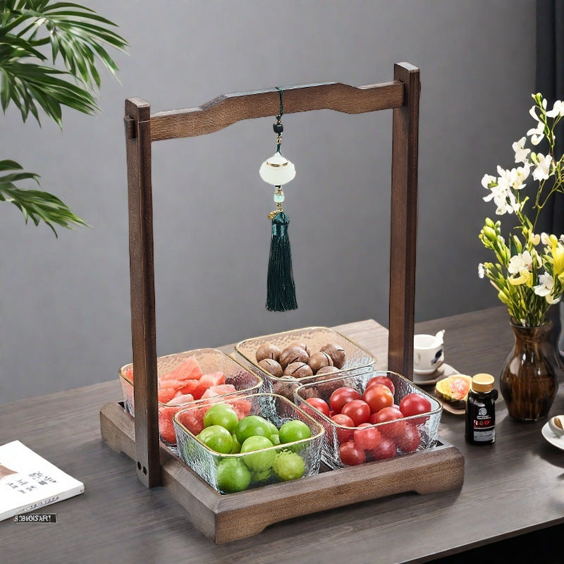 Luxury walnut wood-effect fruit & snack platter - home use, divided compartments, creative dried fruit dish, dessert glass bowl & fruit plate