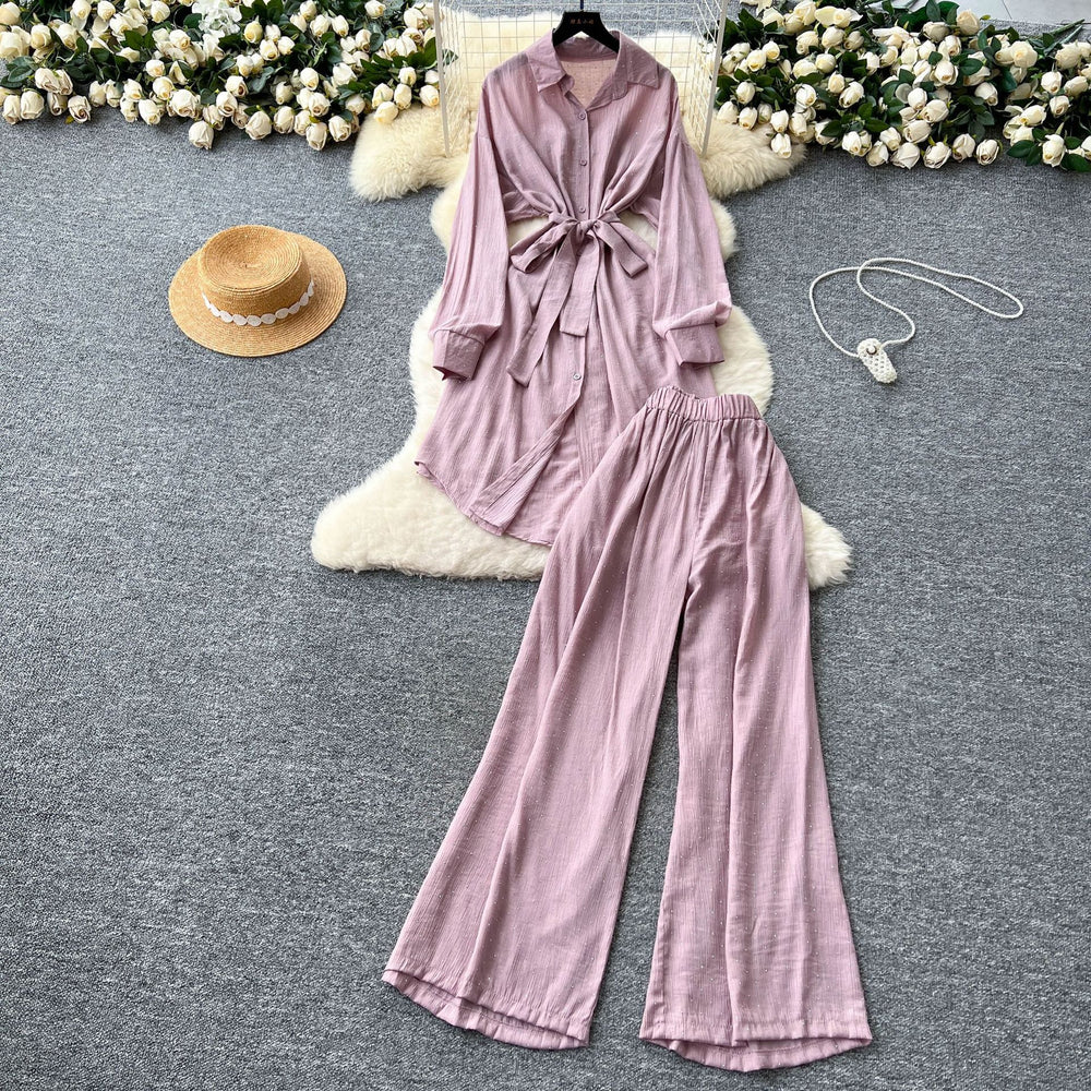 Fashionsuitfemalek-stylecasual lazy style strap waist mid-length hot diamond shirt high waist wide leg straight-leg pants