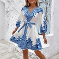 fashionexport women's summernew arrivalprintingv neckthree-quarter sleevestie back waist dress