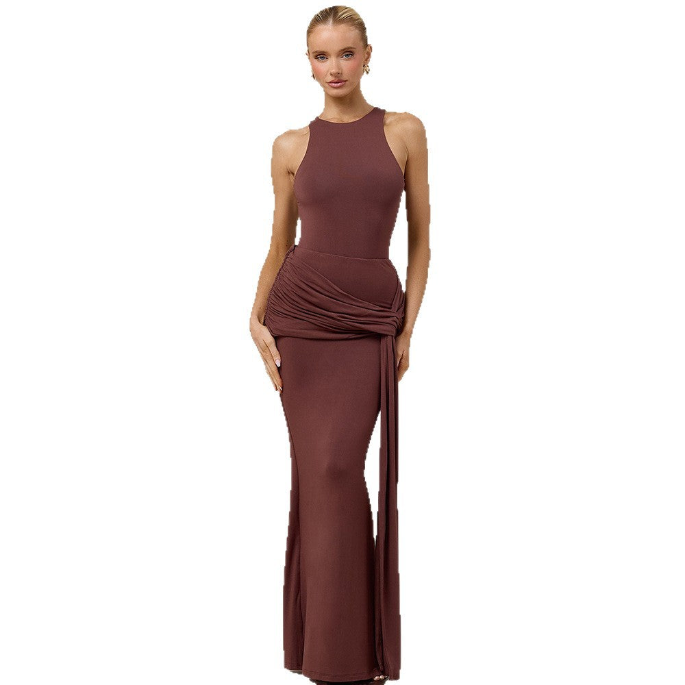 European and american style women's autumn  new arrival: elegant, sexy, slim-fit long dress - solid color sleeveless tie-up bodycon dress