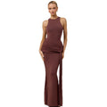 European and american style women's autumn  new arrival: elegant, sexy, slim-fit long dress - solid color sleeveless tie-up bodycon dress