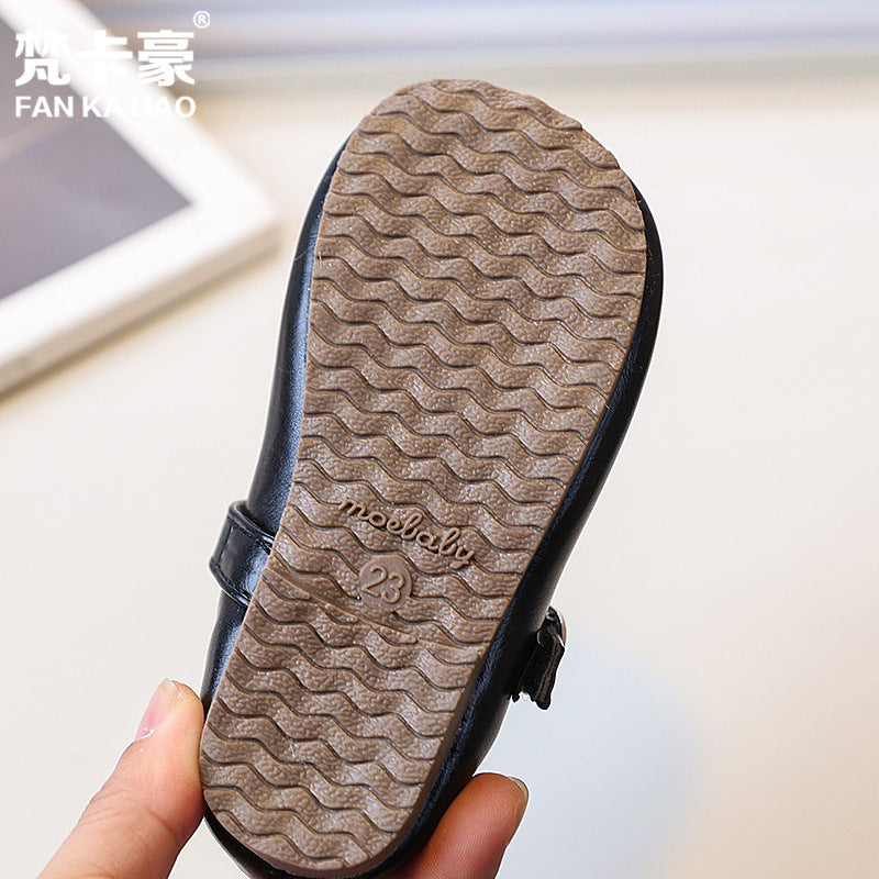 Vancahao girls' black leather shoes -  spring/autumn new korean style - simple and versatile princess shoes for toddlers and little girls