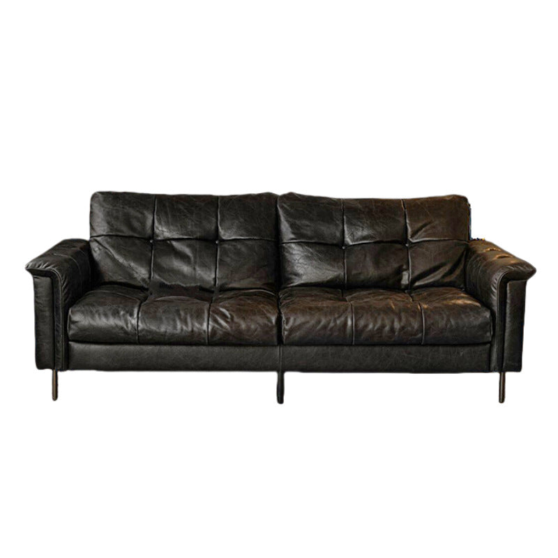 Vintage leather sofa - black oiled leather nebula sofa - retro designer living room sofa - small apartment 3-seater