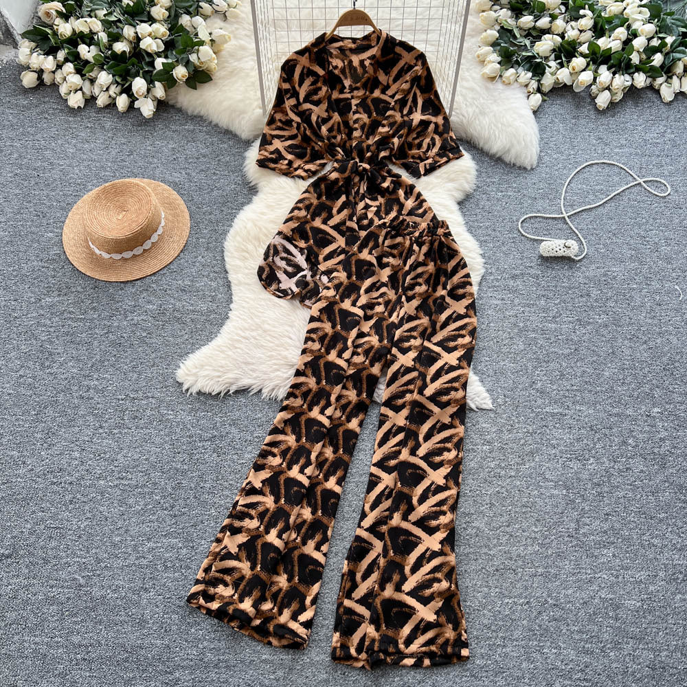 European style fashion print set - women's summer chic: tie-waist asymmetrical blouse & high-waisted wide-leg straight pants