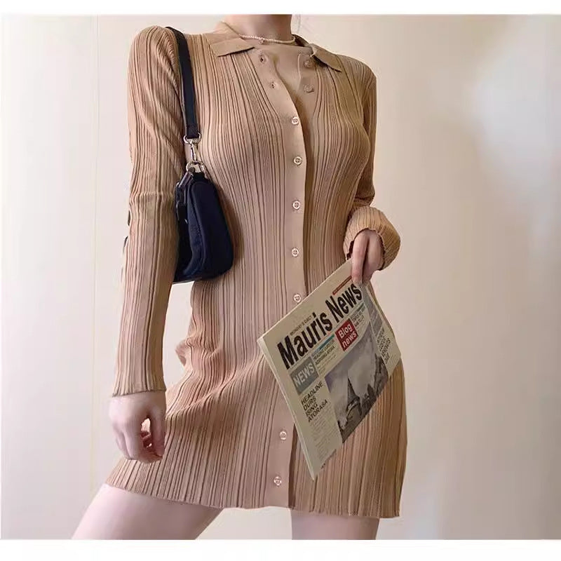 Autumn winternew arrivalfashionfashioneasiest for matchpure colorsilm polo collar pit strip knittinglong sleevesdress short skirt for women