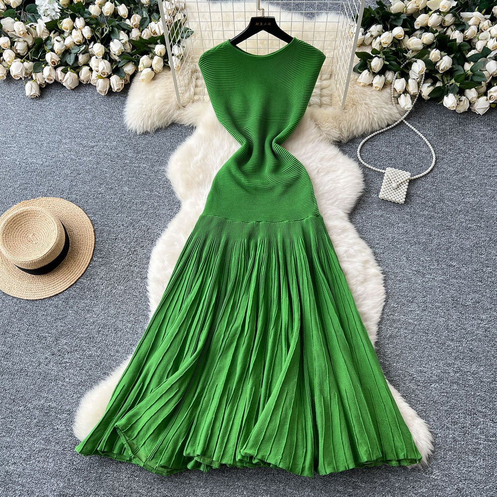 European and american light luxury socialite style sleeveless knitted dress - women's summer pleated patchwork slim fit elegant long dress