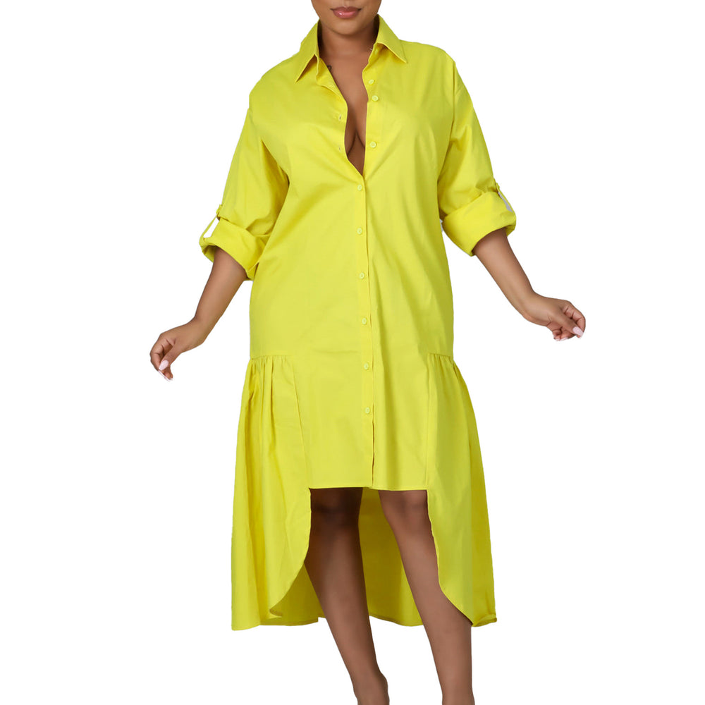 C8581  summer new fashion loose long sleeve asymmetrical midi dress solid color plus size foreign trade dress