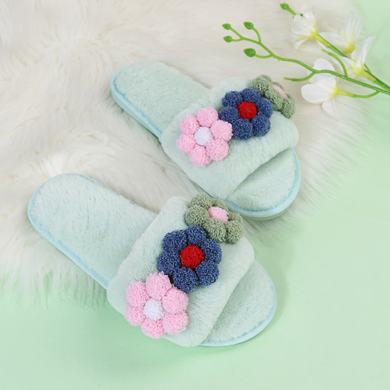 plus size women's shoes flats colorful flowers furry slippers women's open toe k-style one-piece outwear slippers trendy dropshipping