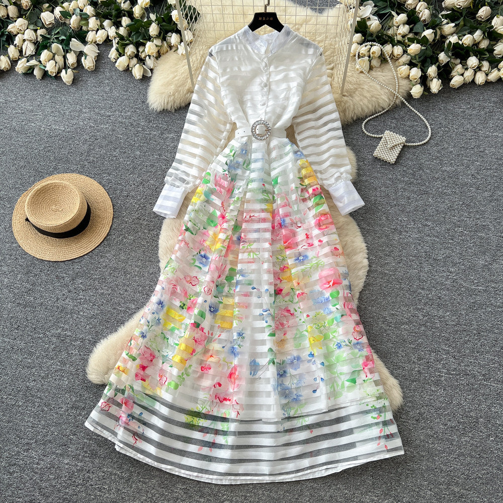 Frenchniche styleprinting stand collar long sleeves waist a-line dress female summerk-styleclassyelegant long skirt