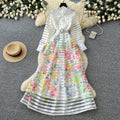Frenchniche styleprinting stand collar long sleeves waist a-line dress female summerk-styleclassyelegant long skirt