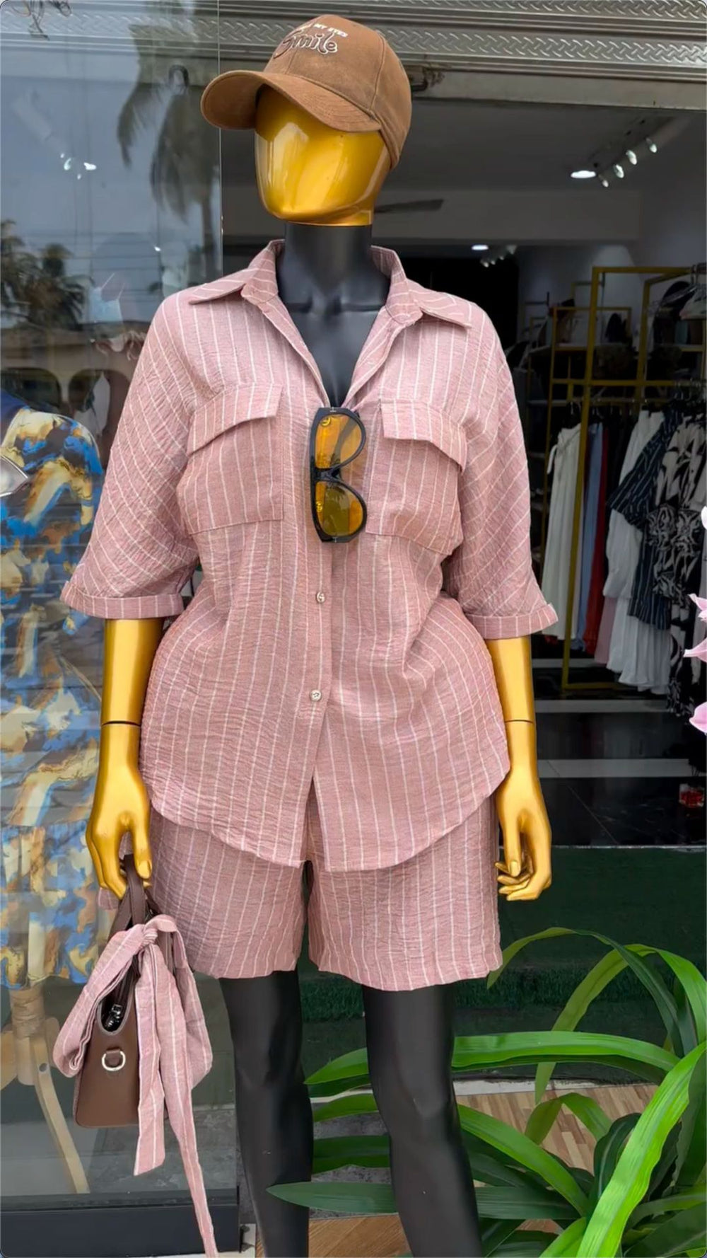 European and american cross-border women's clothing  summer new arrival: casual turn-down collar striped loose pocket shirt and high-waisted shorts set