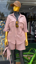 European and american cross-border women's clothing  summer new arrival: casual turn-down collar striped loose pocket shirt and high-waisted shorts set