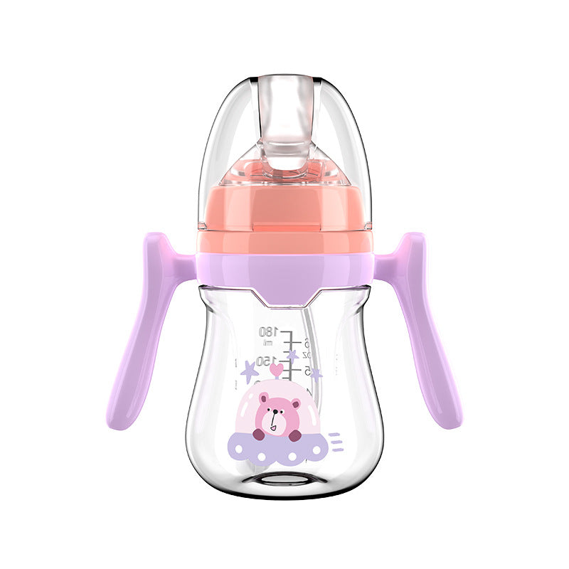 English boxed baby bottle anti-choking and anti-flatulence wide diameter bottle with handle and straw PP bottle wholesale