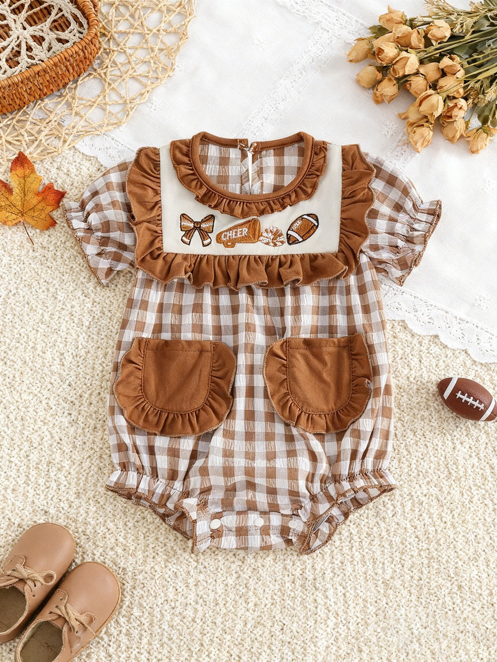 Baby girl cute football embroidered doll collar one-piece romper