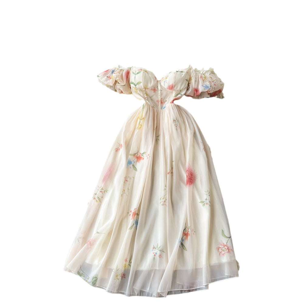 French one-shoulder bandeau slip dress - women's summer soft style, cinched waist, floral print, puff sleeves, mesh fairy dress