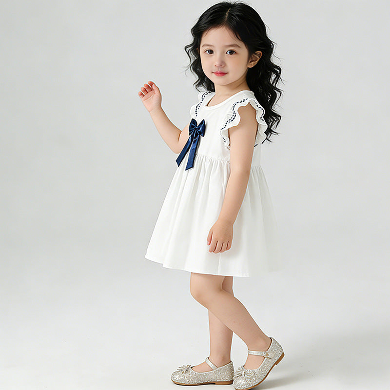 Girls' dress  new summer collection: stylish and chic princess dress for baby girls, featuring bow detail and flutter sleeves