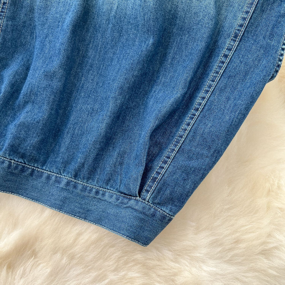 European and american hot girl retro denim set - women's summer sleeveless shirt + high-waisted slit maxi skirt