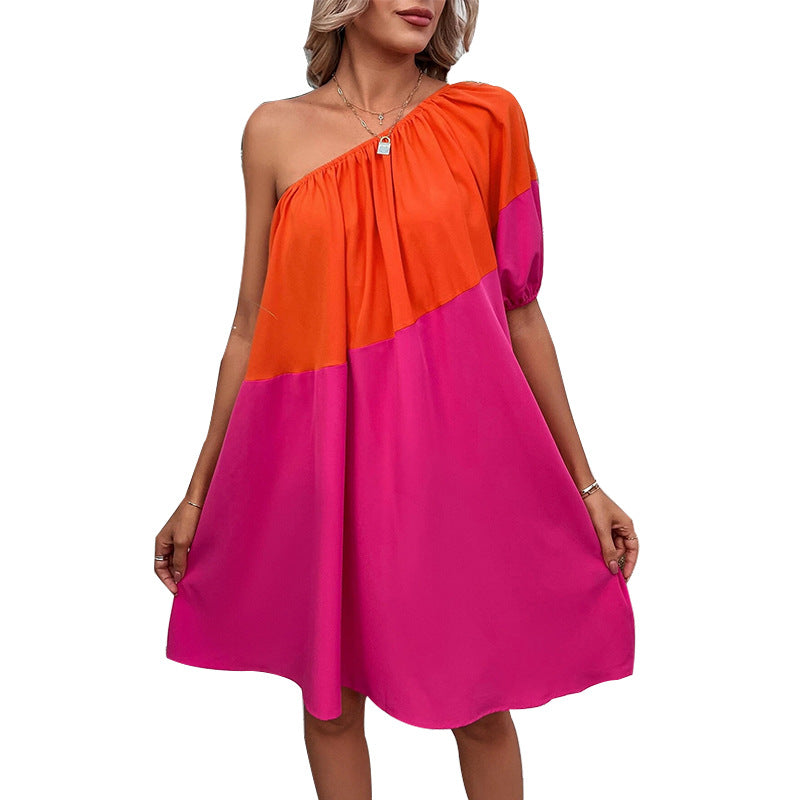 Ruiyu  European and American holiday style contrasting color dress 2025 summer ins short-sleeved medium and long small pendulum A-shaped skirt