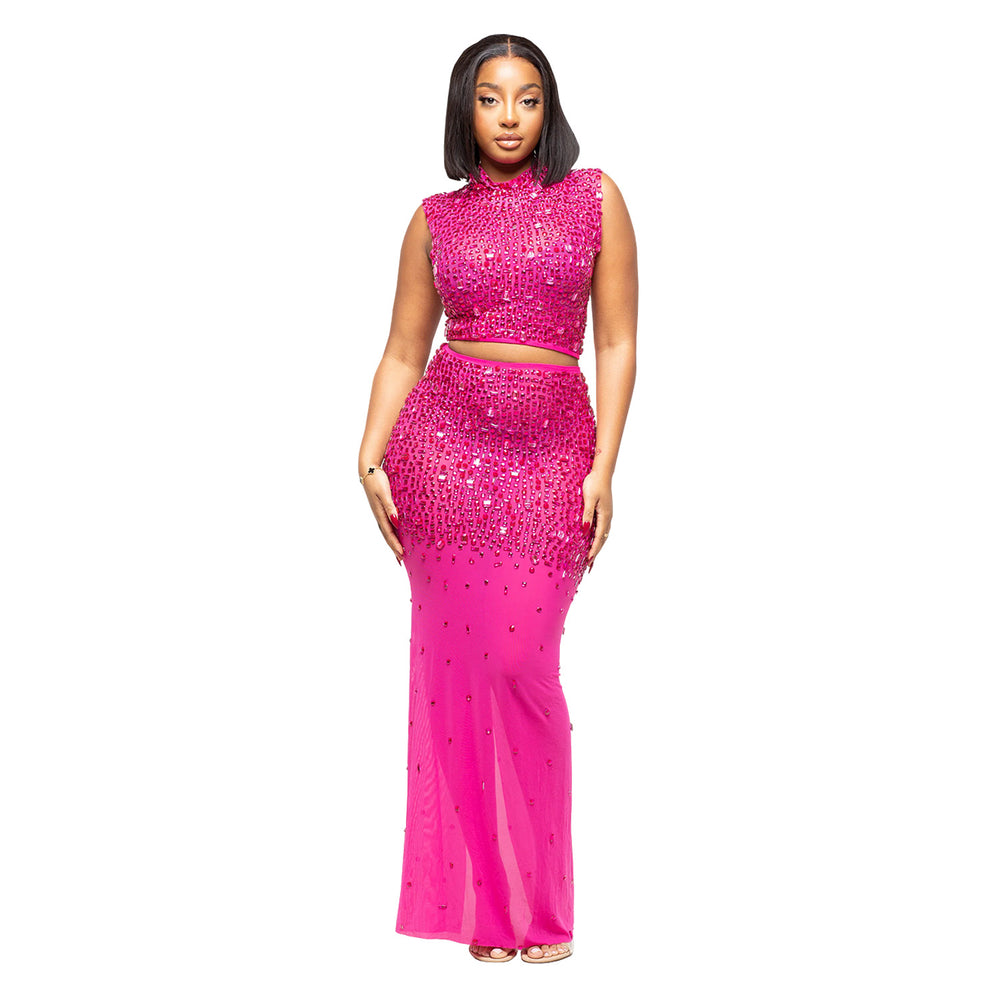 C7580 cross-border   fashionable women's hot-selling rhinestone mesh sleeveless two-piece dress set