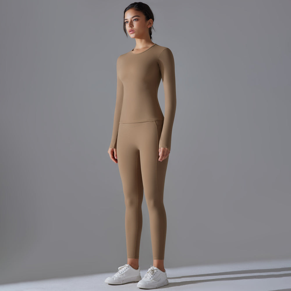 New solid color double-sided brushed breathable high-stretch compression long sleeve yoga set - activewear running fitness two-piece outfit