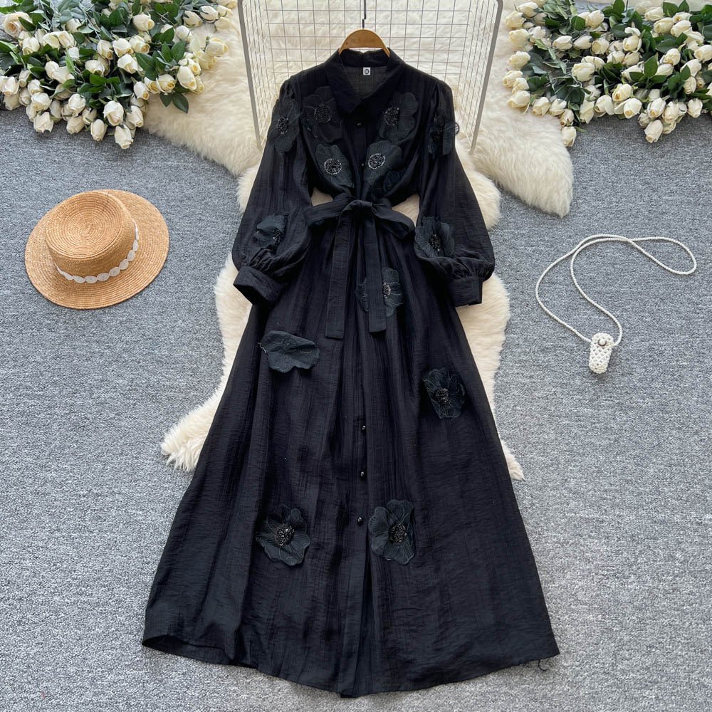 Frenchclassy heavy industry beading stereo flower lapel long sleeves single breasted strap waist elegantdress women