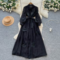 Frenchclassy heavy industry beading stereo flower lapel long sleeves single breasted strap waist elegantdress women