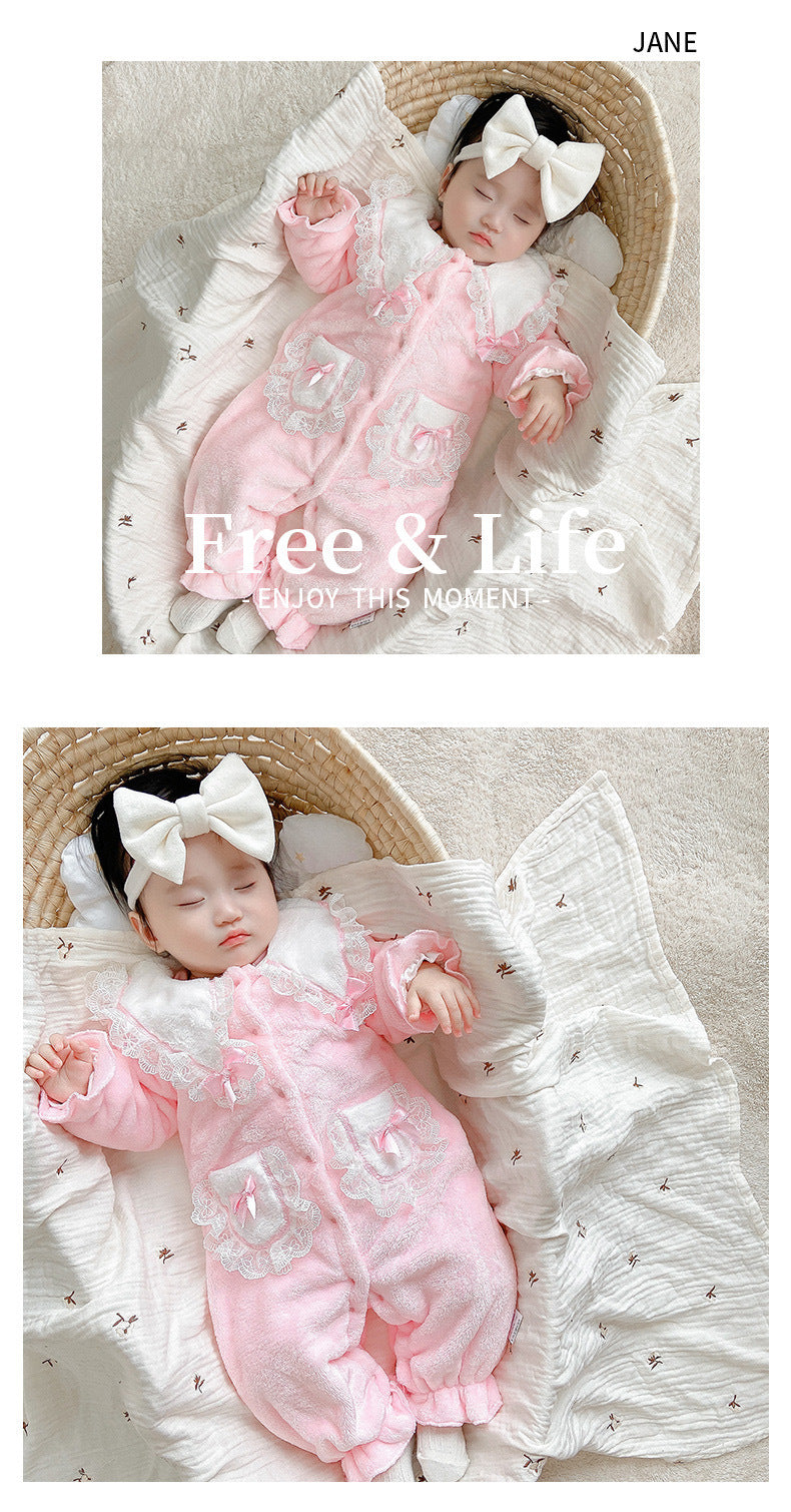 Autumn winter baby girl k-style super soft outing long sleeves khaki baby home casualfleece-lined romper cute