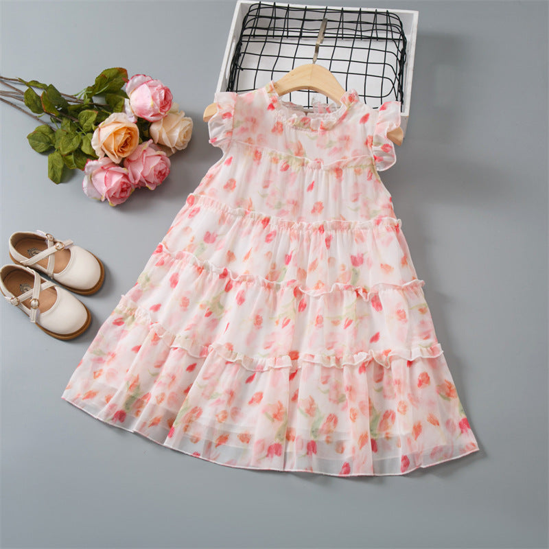Girls' pink floral dress -  summer new arrival - korean style sleeveless ruffle trim tiered dress for toddlers and young children