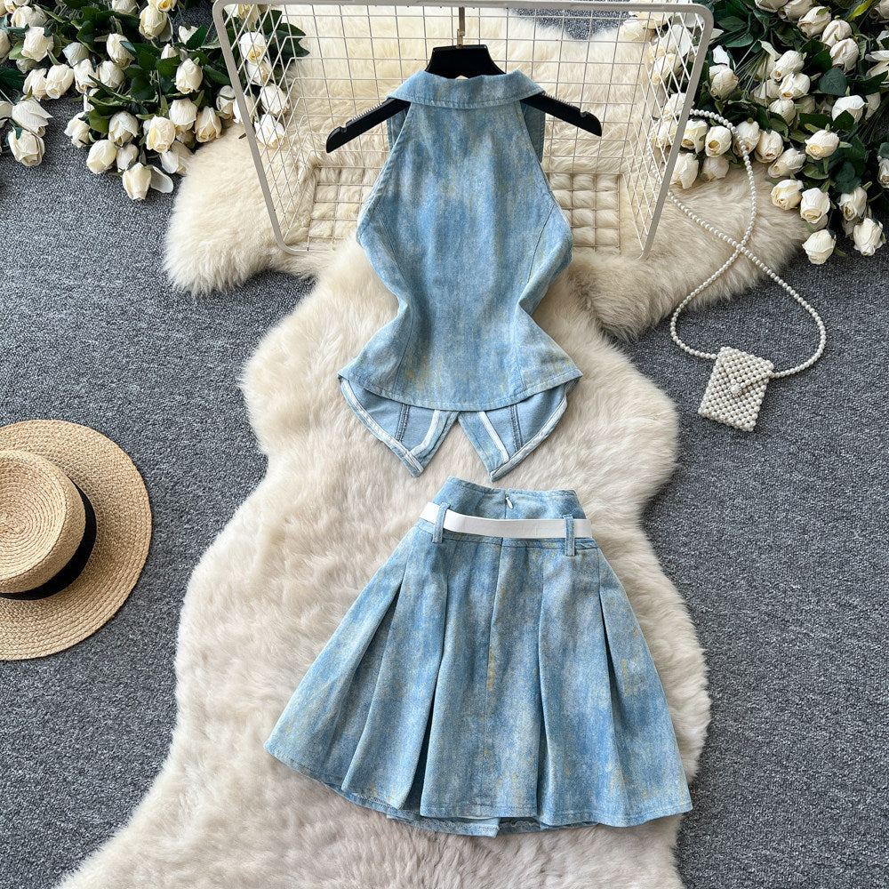 Korean style commute v-neck sleeveless denim vest two-piece set - women's summer slimming belted outfit